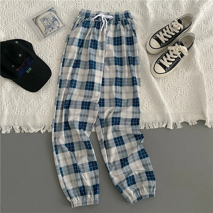 Pants Women New Bunch of feet Fashion Loose Black Plaid Summer Harajuku Students Streetwear Harem Long Trousers Womens Chic