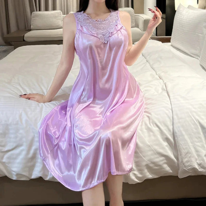 Women Loose Casual Purple Lace Long Dress Vest Tank O Neck Hot Sexy Korean Women Robe Fashion Sweet Tops