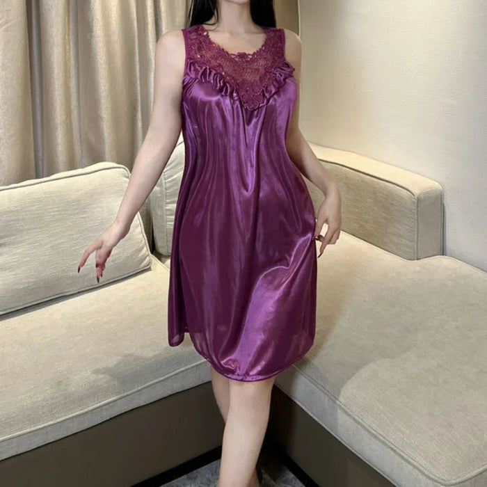 Women Loose Casual Purple Lace Long Dress Vest Tank O Neck Hot Sexy Korean Women Robe Fashion Sweet Tops