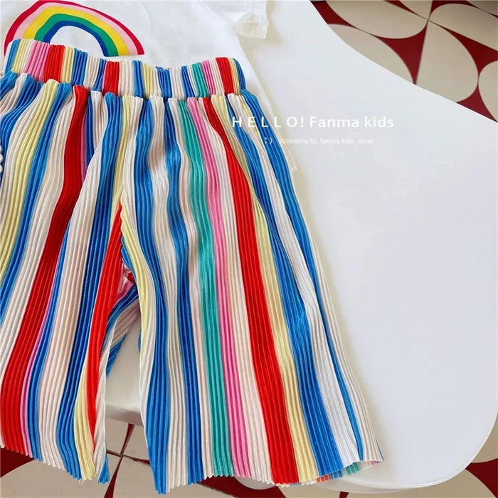 Baby Summer Set Children's Tops and Bottoms Suit New Girls Cute Short-Sleeved T-Shirt Rainbow Pleated Pants Two-Piece 12M-8Y