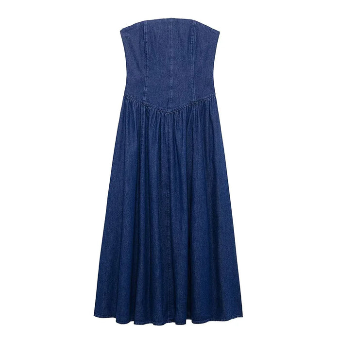 Denim Tube Tops Long Dress Women Slim Spring Summer Zipper Pleated Ankle-length A-line Dresses Woman Casual Robe Lady Streetwear