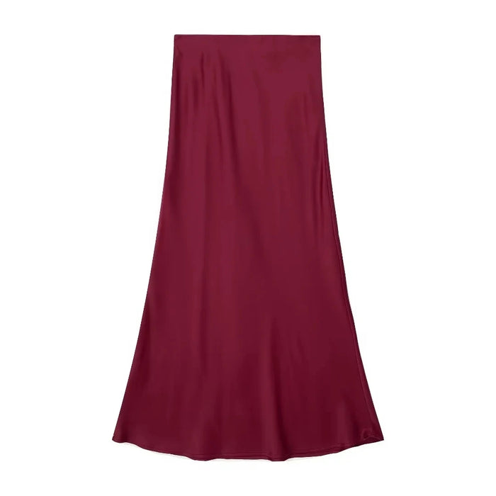 TRAFZA Women Elegant Solid Satin Long Skirt Chic Y2K High Waist Slim Skirts Female Fashion Silk Texture Ladies Tight Midi Skirt