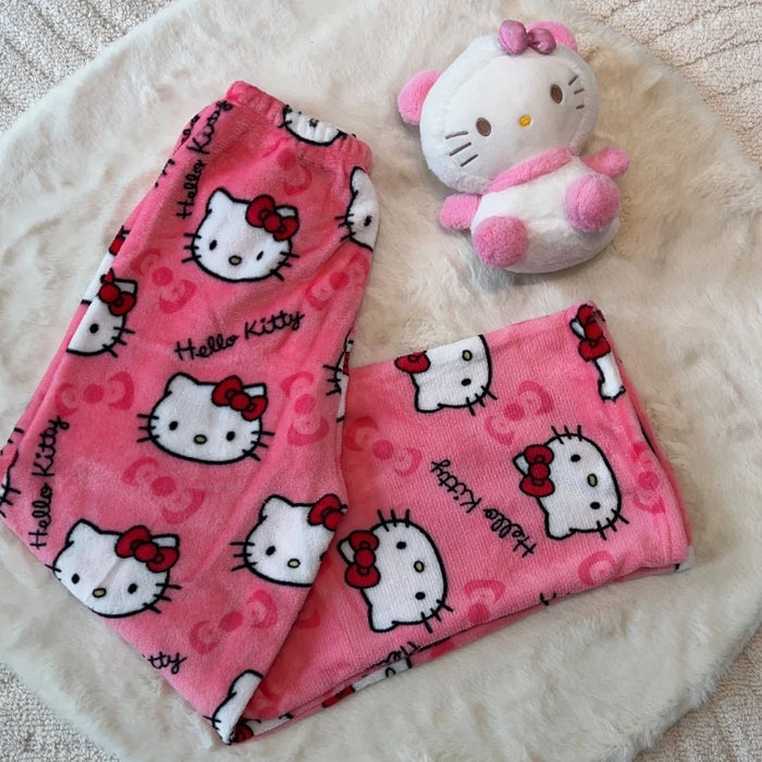 Sanrio Hello Kitty Pajamas Pants Black Pink Anime Flannel Women Warm Woolen White Cartoon Casual Home Pant Autumn Grils Trousers