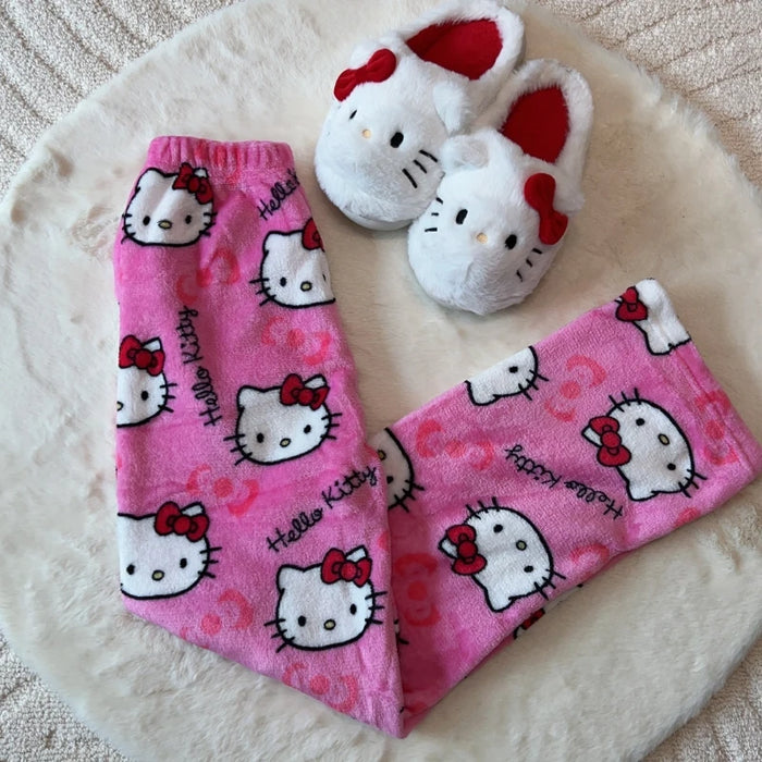 Sanrio Hello Kitty Pajamas Pants Black Pink Anime Flannel Women Warm Woolen White Cartoon Casual Home Pant Autumn Grils Trousers