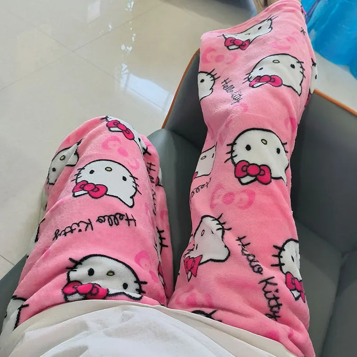 Thicken Hello Kitty Pajama Pants Sanrio Anime Fleece Double Elastic Fabric Soft Trousers Women Trousers Cartoon Birthday Gift