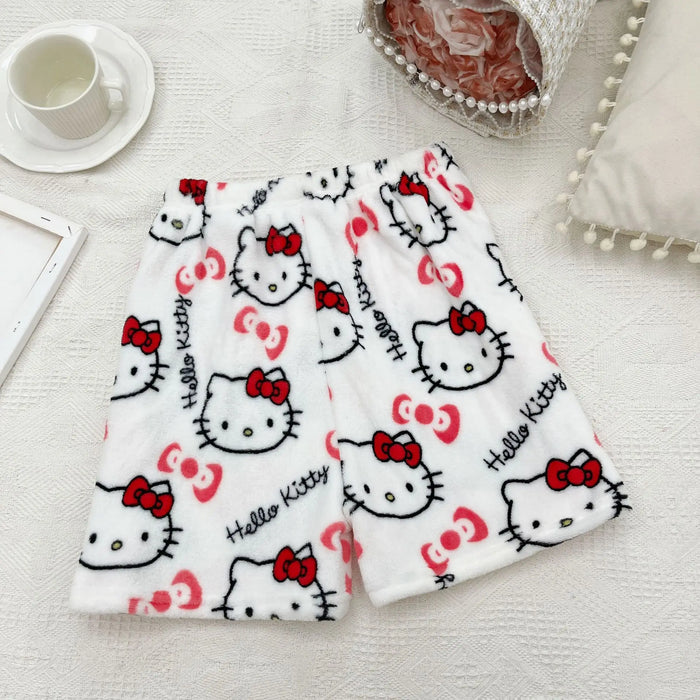 Sanrio Hello Kitty Pajamas Pants Black Pink Anime Flannel Women Warm Woolen White Cartoon Casual Home Pant Autumn Grils Trousers