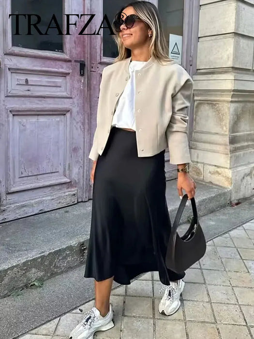 TRAFZA Women Elegant Solid Satin Long Skirt Chic Y2K High Waist Slim Skirts Female Fashion Silk Texture Ladies Tight Midi Skirt