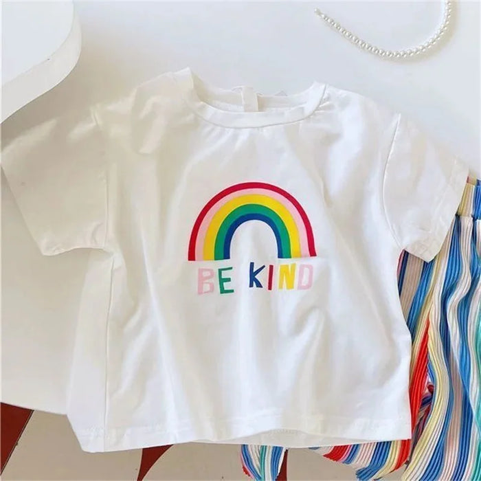 Baby Summer Set Children's Tops and Bottoms Suit New Girls Cute Short-Sleeved T-Shirt Rainbow Pleated Pants Two-Piece 12M-8Y