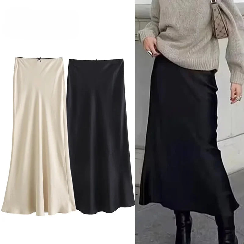 ASDS Black Satin Skirt Woman Bow Elegant Long Skirts For Women 2024 Summer High Waist Midi Skirt Fashion New In Women's Skirts