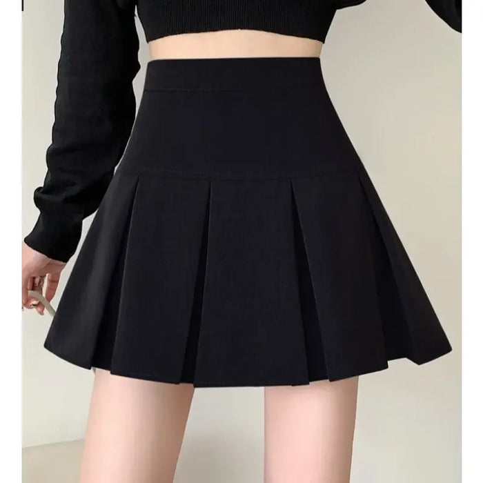 2024 Summer New Women Slim Solid Color Pleated Short Skirt College Style Pure Want To High-waisted Skinny-proof A- line Clothing