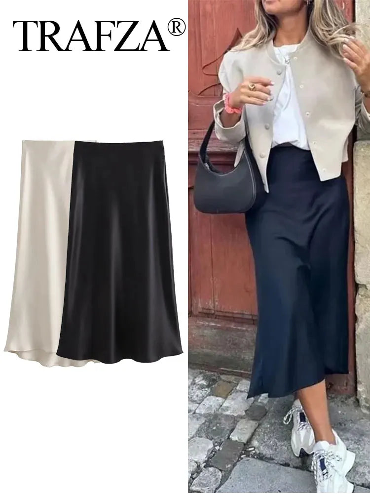 TRAFZA Women Elegant Solid Satin Long Skirt Chic Y2K High Waist Slim Skirts Female Fashion Silk Texture Ladies Tight Midi Skirt