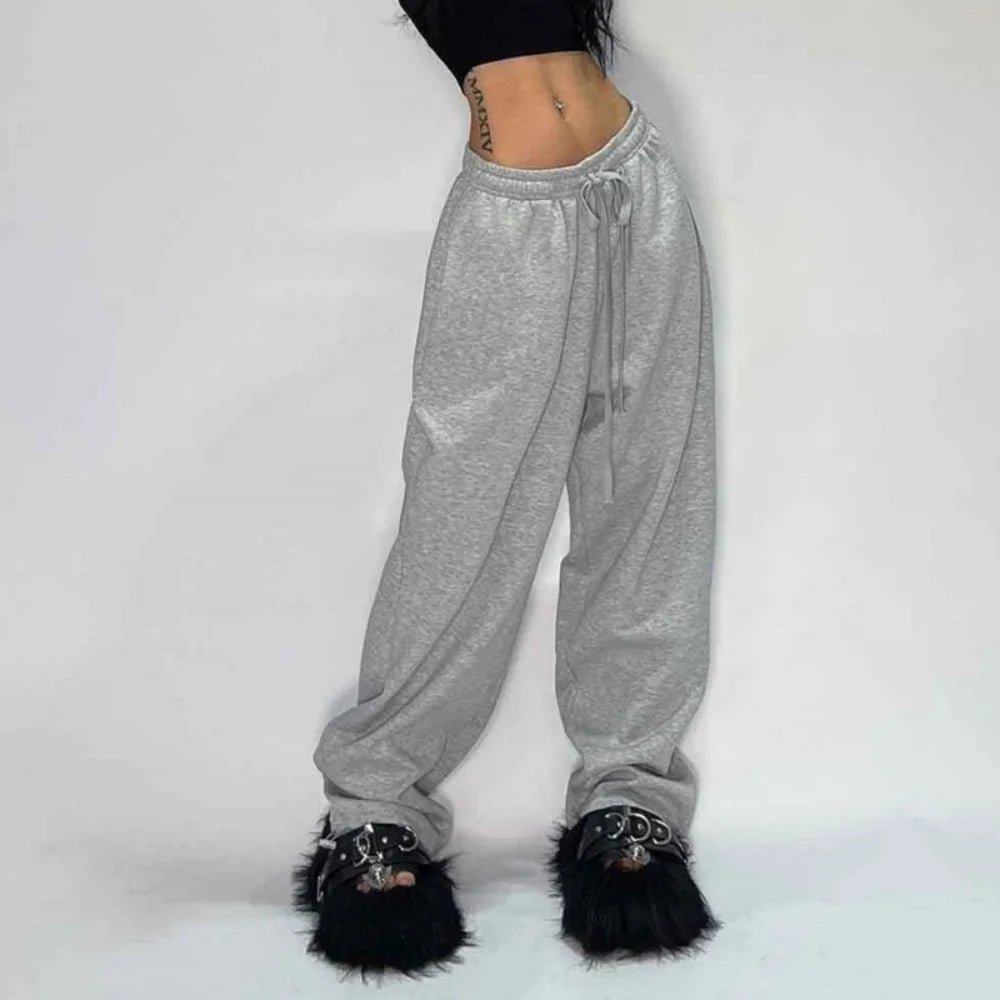 Retro Elegant Joggers Pants Fashion Women Solid Oversized Drawstring Y2K Sweatpant Trousers Streetwear Pocket New Baggy Pant