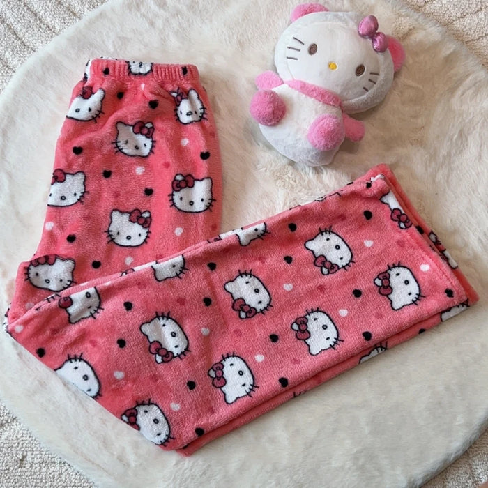 Sanrio Hello Kitty Pajamas Pants Black Pink Anime Flannel Women Warm Woolen White Cartoon Casual Home Pant Autumn Grils Trousers