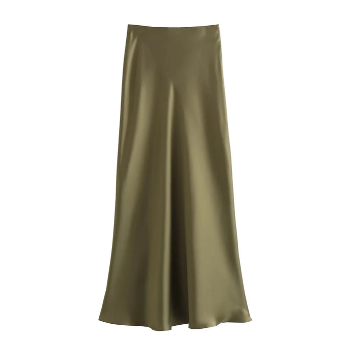 TRAFZA Women Elegant Solid Satin Long Skirt Chic Y2K High Waist Slim Skirts Female Fashion Silk Texture Ladies Tight Midi Skirt