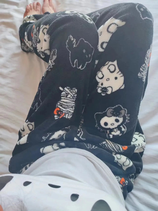 Sanrio Hello Kitty Pajamas Pants Black Pink Anime Flannel Women Warm Woolen White Cartoon Casual Home Pant Autumn Grils Trousers